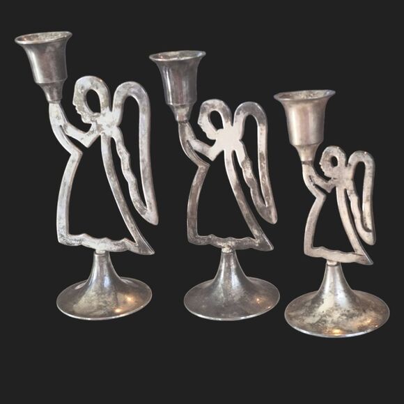 International Silver 3 Angel Candle Sticks Vintage with Patina Not Polished - Picture 1 of 14